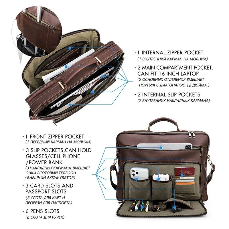 حقيبة كمبيوتر محمول من الجلد الأصلي للرجال ، حقيبة كتف عتيقة ، حقائب رسول رجال الأعمال ، حقيبة يد 16 بوصة