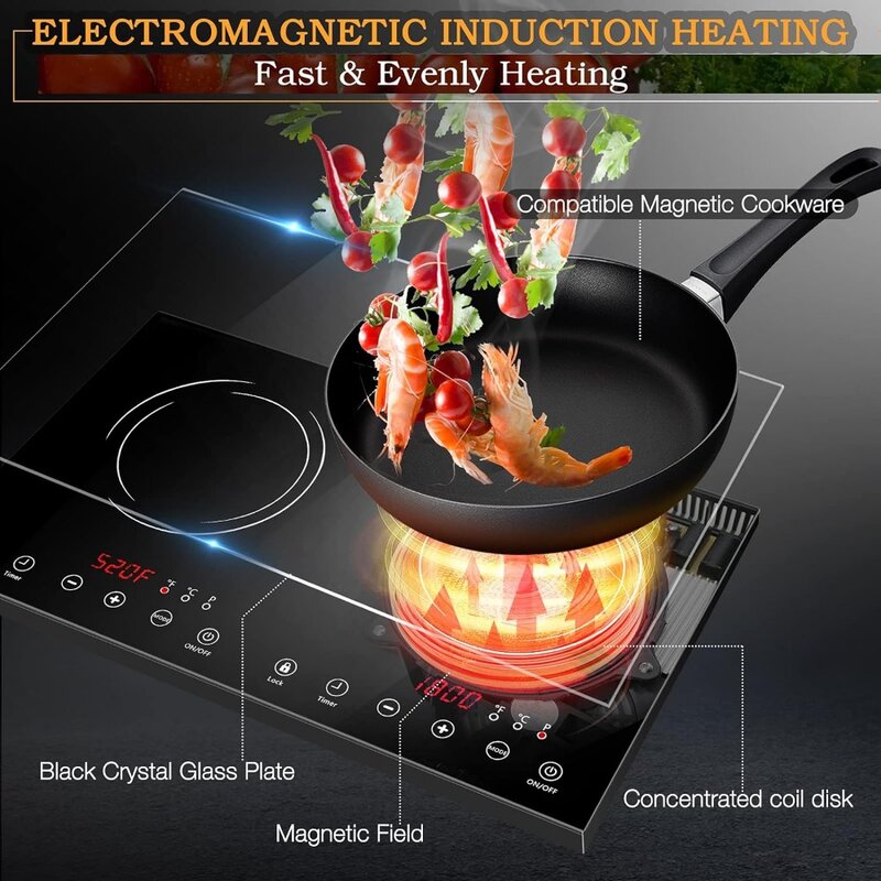 Double Induction Cooktop, 1800W Touch Screen, 17 Power Levels 21 Temperature Setting Child Safety Lock, 3 Hours Timer