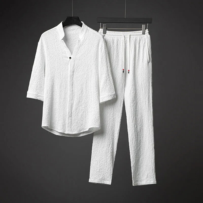 بدلة رجالي بياقة قائمة مطاطية عادية ، بنطلون مناسب يوميًا ، سروال عادي غير رسمي ، موضة مريحة للعطلات الصيفية