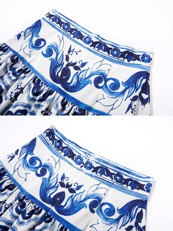 2024 New Summer Runway Blue and White Porcelain Two Piece Set Women Flower Print Short Crop Top + Holiday Beach Maxi Skirt Suits