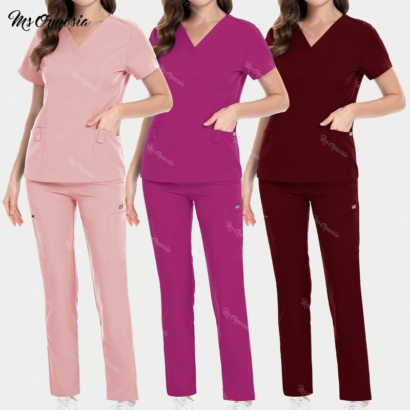 Новая медицинская униформа, эластичные топы с карманами, прямые брюки, униформа медсестры, рабочая одежда для докторской хирургии, салона красоты
