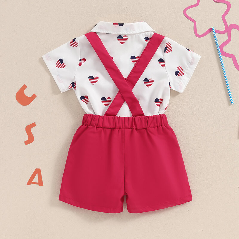 Toddler Boy Gentleman Outfit Patriotic Heart Print Button Romper with Bow Tie and Suspender Shorts Set for Formal Wear