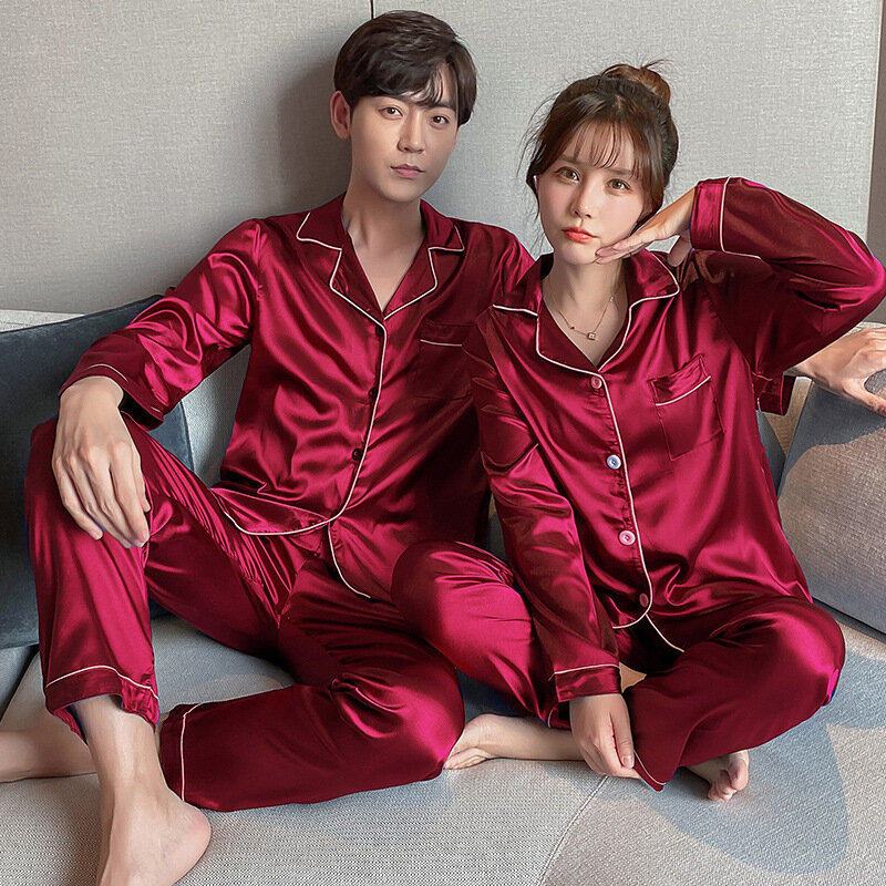 Paar Pyjama-Sets für Herren Pyjama Lounge wear Langarm Schlaf plus Größe pj Hose Satin Pyjama Nachtwäsche Liebhaber Seide Pyjama