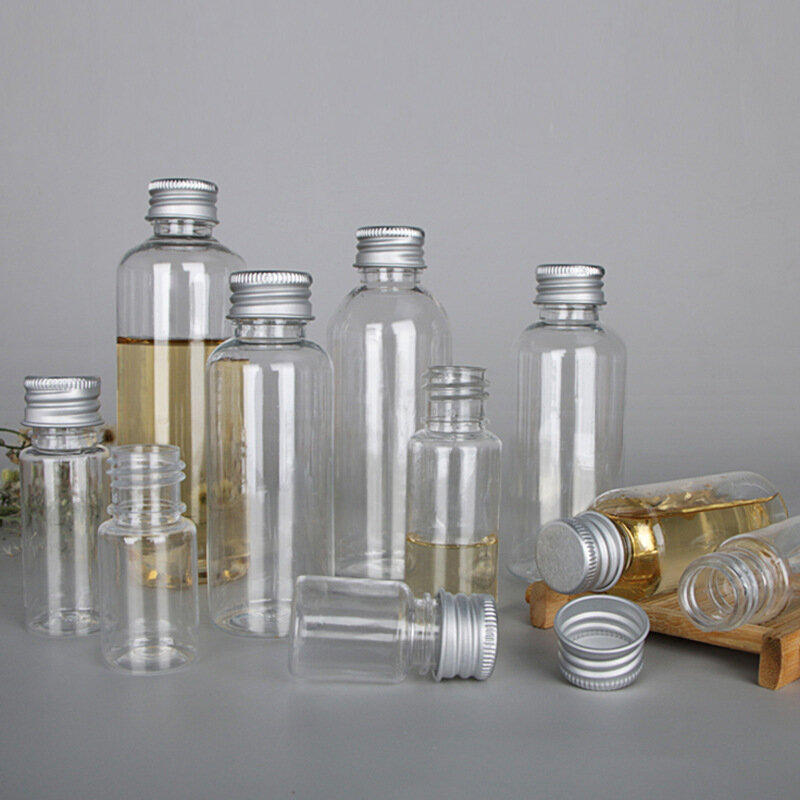 Botella de plástico transparente con tapa de rosca de aluminio, frascos pequeños, contenedor de cosméticos, Kit de viaje, botellas rellenables vacías, 5/10/20/30ml
