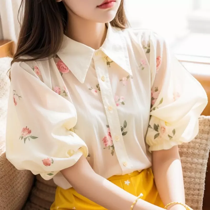 YCMYUNYAN-Chemise en mousseline de soie à manches courtes pour femmes, chemisiers College vintage, mode florale, vêtements d'été
