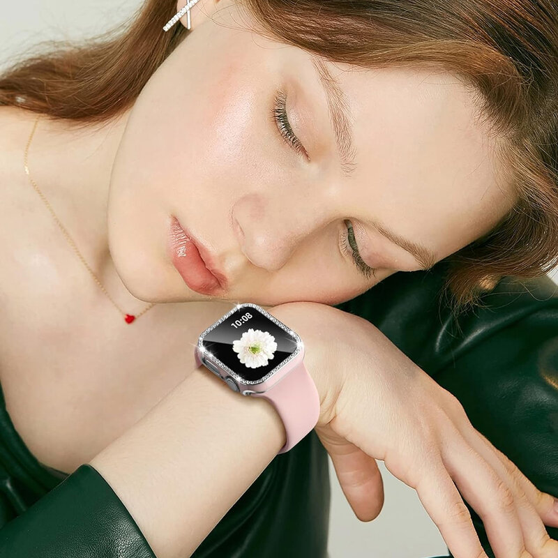 Стекло и крышка для Apple Watch Φ 45 мм 44 мм 41 мм 40 мм 38 мм 42 мм, блестящая искусственная кожа + защита для экрана iwatch series 9 8 7 5 6 4 SE