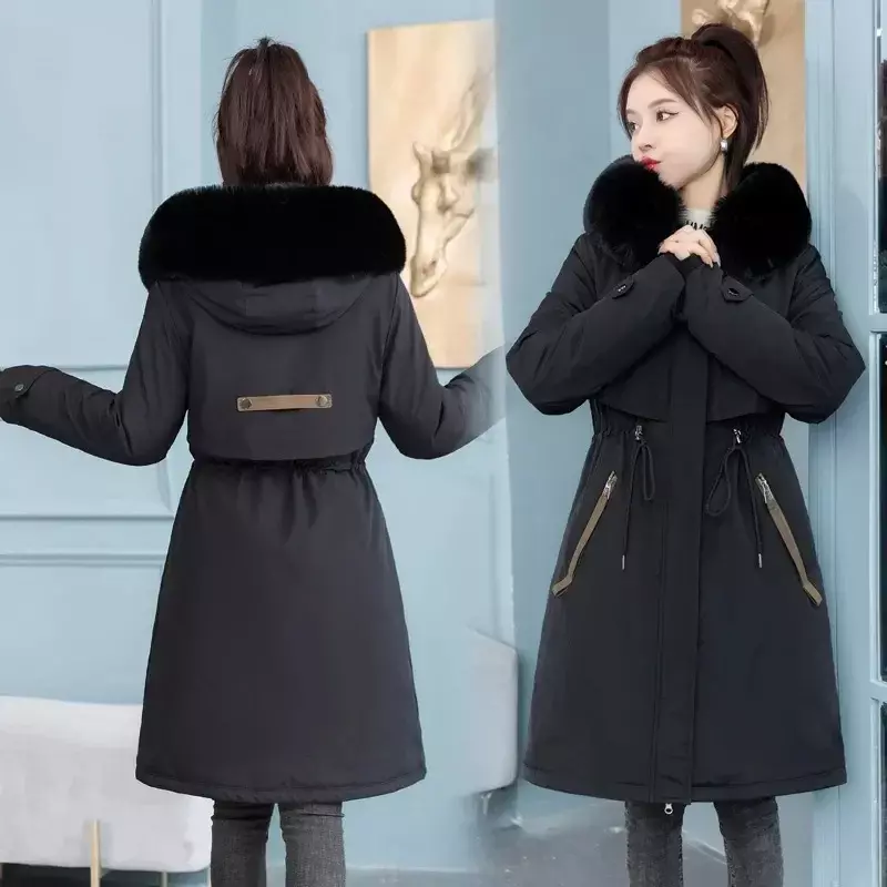 แจ็คเก็ตฤดูหนาวเสื้อโค้ทยาวเสื้อกันหนาวมีปกขนเฟอร์ MODE Korea บุกันหนาวสำหรับผู้หญิง2024ใหม่