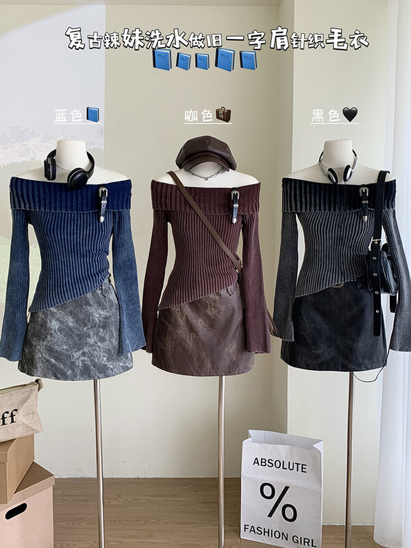 Модный простой классический вязаный свитер с воротником-лодочкой и открытыми плечами, пуловеры с длинным рукавом и расклешенными рукавами, уличная одежда Y2K на осень и зиму