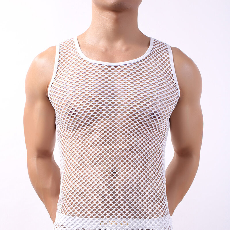 男性用のセクシーな網タイツtシャツ,透明メッシュのノースリーブtシャツ,カジュアルなフィットネスtシャツ