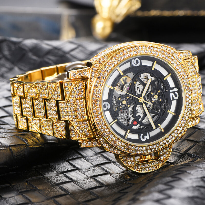 Iced Out Diamanten Horloges Voor Mannen Skeleton Tourbillon Automatic Heren Horloges Set Cubaanse Ketting Mechanische Polshorloge Gold Relogio