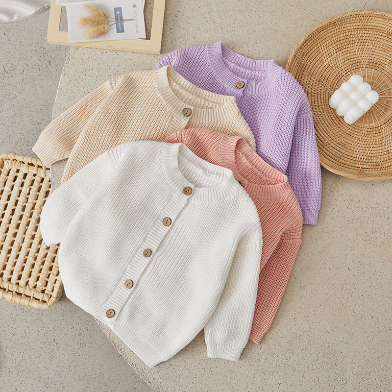 Suefunskry-suéter de punto de manga larga para bebés, Chaqueta de punto de un solo pecho, Color sólido, Otoño e Invierno
