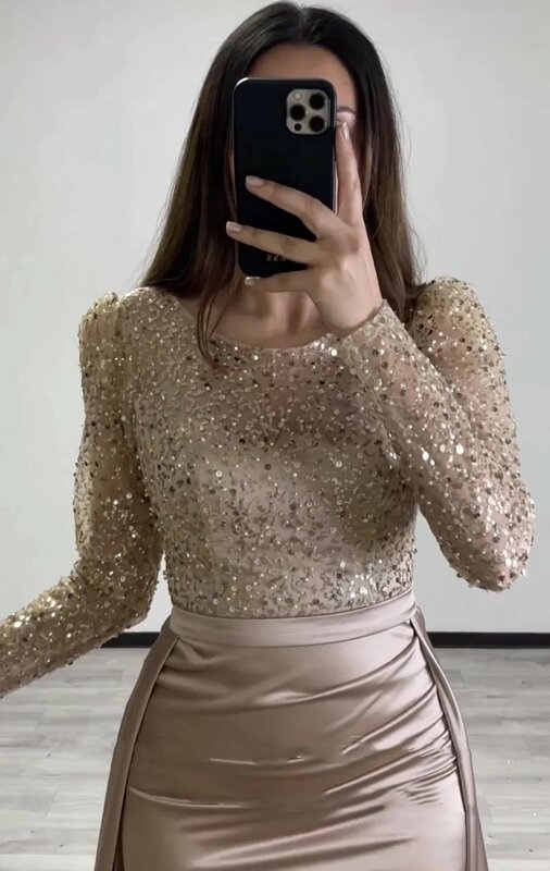 Sparkly O-Neck Evening Dress with Detachable Sequin Skirt Long Sleeves Mermaid Champagne Satin Prom Party Gowns robe de ache