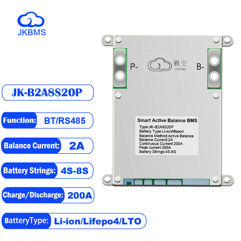 JK SMART BMS JK-B2A8S20P Jikong, equilíbrio ativo para bateria LiFePO4, 4S 6S 7S 8S, 200A, 12V, 24V, BT Li-Ion Camping Bateria, Ebike