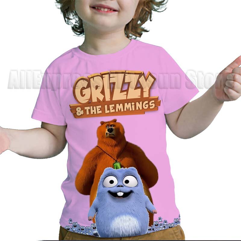 Детские футболки с 3D принтом Grizzy and the lemings, детские футболки с мультяшным рисунком, Детская футболка для мальчиков и девочек, Детская уличная одежда, футболки