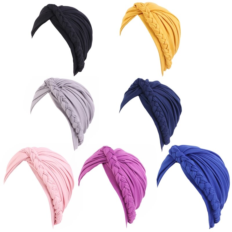 Bohemian Braid Sleep Hat for Cross Twist Chemo Hat Solid Color Turban Hat All-match Muslim Hat for Wife Mother Girlfrien