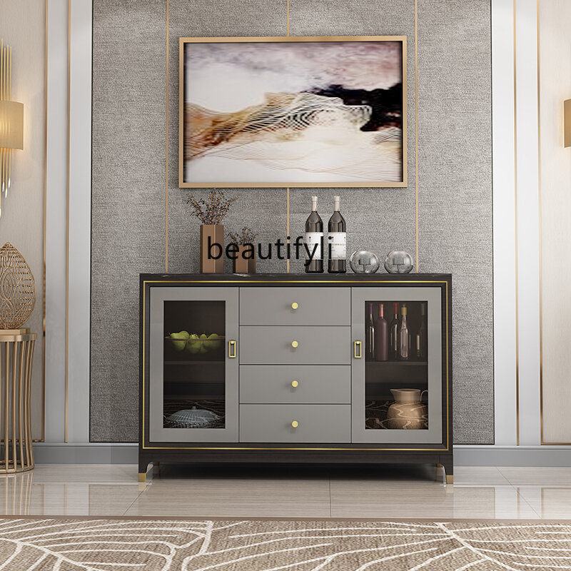 Mild Luxury Marble Sideboard  American Living Room Solid Wood Wine Cabinet New Chinese Style Storage Post-Modern Storage