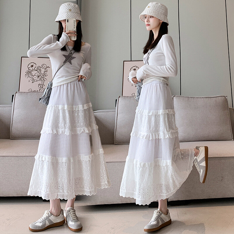 Jupe longue plissée taille haute à volants pour femmes, jupe trapèze monochrome, vêtements Y2K, blanc, irrégulière, mode, été, 2024