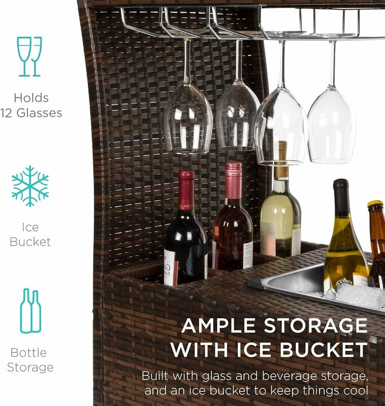 Carrito de Bar de mimbre rodante para exteriores con cubo de hielo extraíble, encimera de vidrio, soportes para copas de vino, compartimentos de almacenamiento-marrón