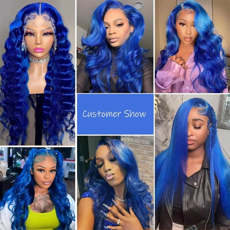 Pelucas de cabello humano virgen para mujeres negras, pelo largo brasileño ondulado de color azul marino, prearrancado, 13x4, encaje frontal transparente, 5x5