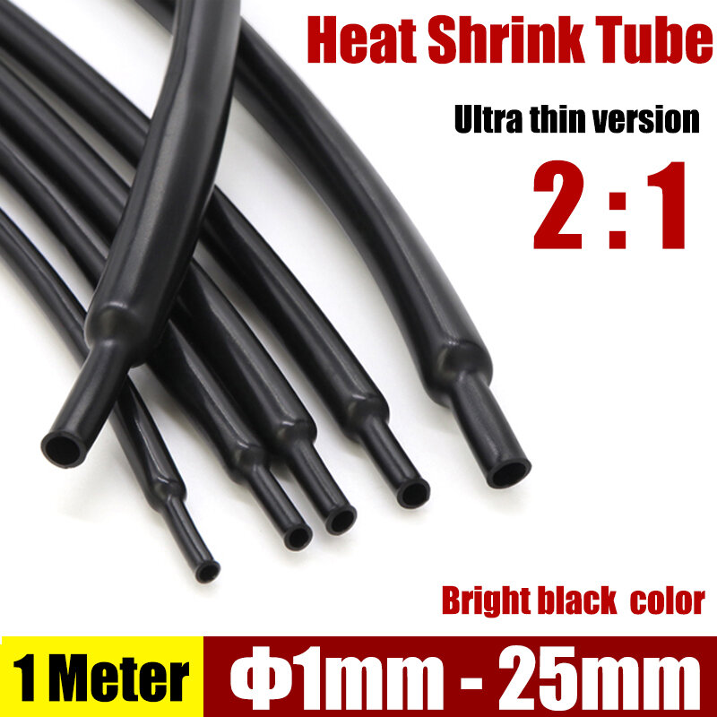 1M DIA 1-25mm ท่อหดความร้อนสีดำสว่างพิเศษบางพิเศษ2:1ปลอกสายเคเบิลความร้อนโพลีโอเลฟินสายเคเบิลท่อหดความร้อน