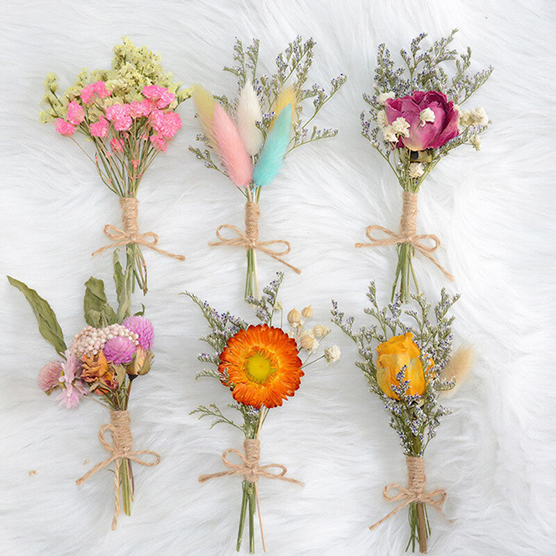 Mini Flores Secas Naturais Bouquet, Dama de honra Boutonnieres, Groomsmen, Decoração De Casamento De Natal, Materiais Floral DIY, 1Pc