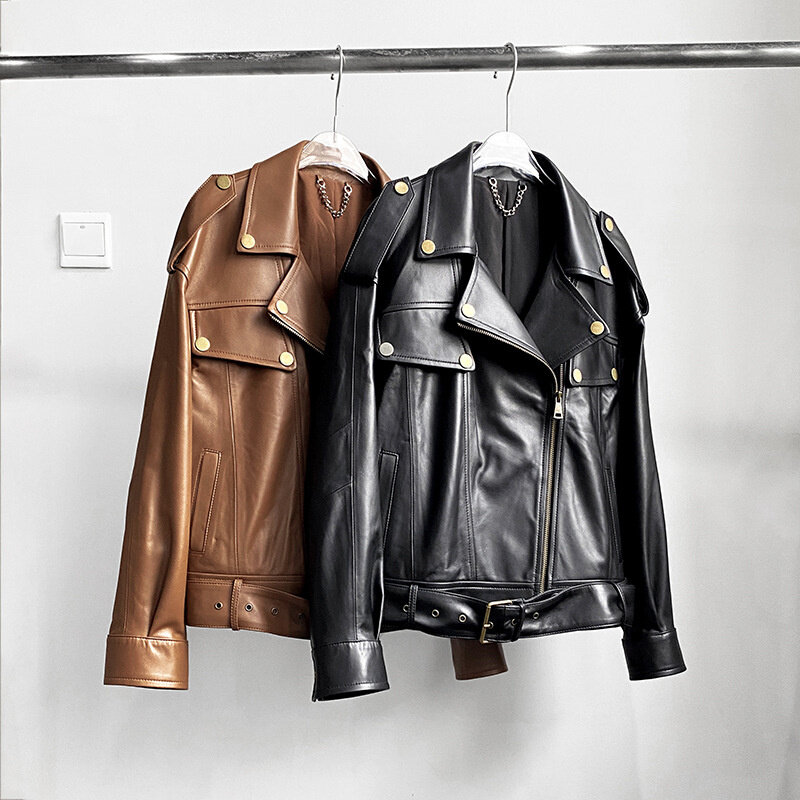 Manteau en cuir de mouton frit de style moto, veste d'automne et d'hiver, bouton de ceinture, rue, conception, nouveau