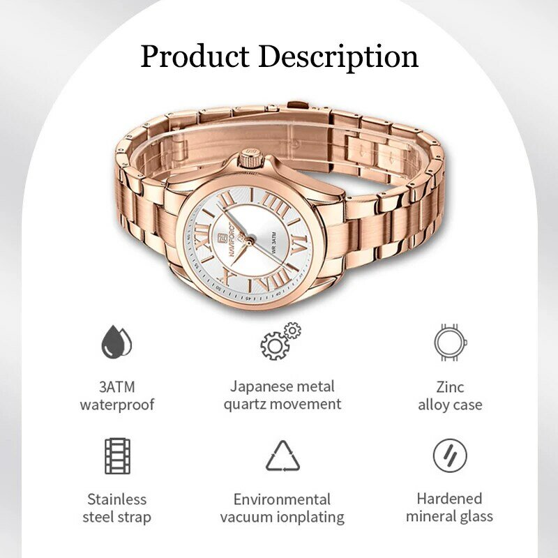 NAVIFORCE-새로운 여성 시계, 스테인레스 스틸 밴드 우아한 손목 시계, 섬세한 다이얼 고품질 석영 방수 여성 팔찌