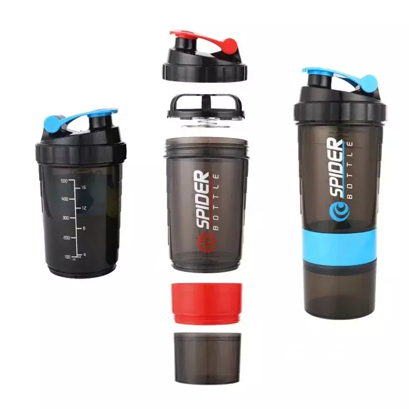 3-lagige Shaker-Flasche Protein-Mix-Shake-Tasse Sport-Fitness-Wasser becher 550ml skalierte Plastik wasser flaschen mit Medizin box