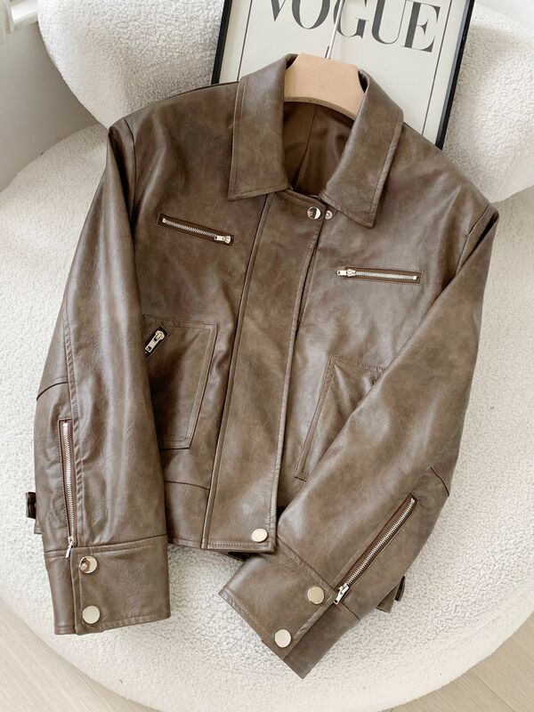 Vintage American Leather Coat Baggy Sense Of Fashion Y2K Mujer Zipper Style Korean-style Street Leather Coats