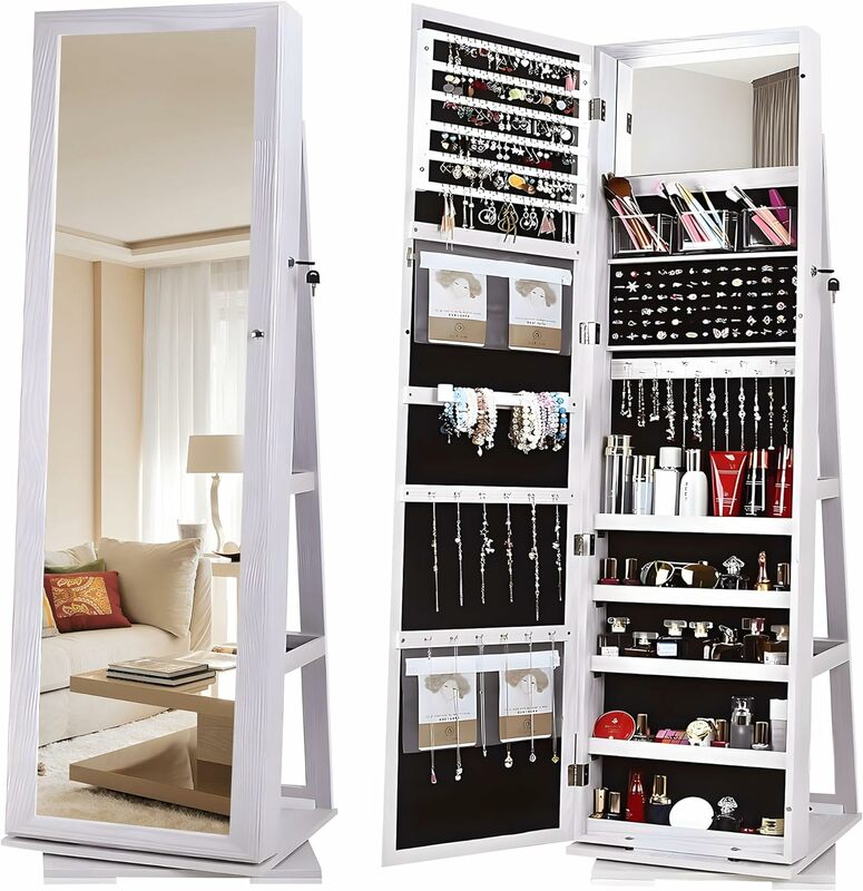 360° Rotatable Lockable Wooden Jewelry Armoire with Full-Length Mirror Space-Saving Cabinet Secure and Stylish Organization