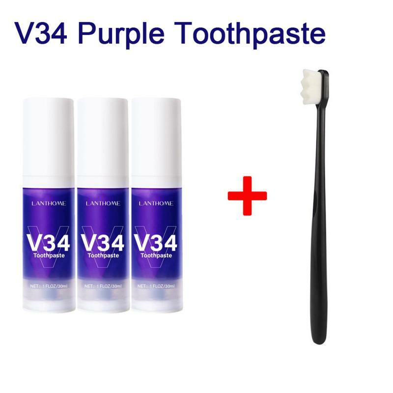 V34 correttore di colore dentifricio viola rimuovi macchie di fumo rinfresca l'alito riduce l'ingiallimento cura dentifricio sbiancante 30ml