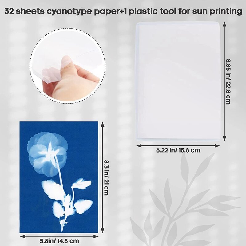 32 szt. Papier artystyczny cyjanotypu A5 z 1 plastikowy przyrząd do drukowania w słońcu wrażliwe na światło zestaw do fotografii słonecznej