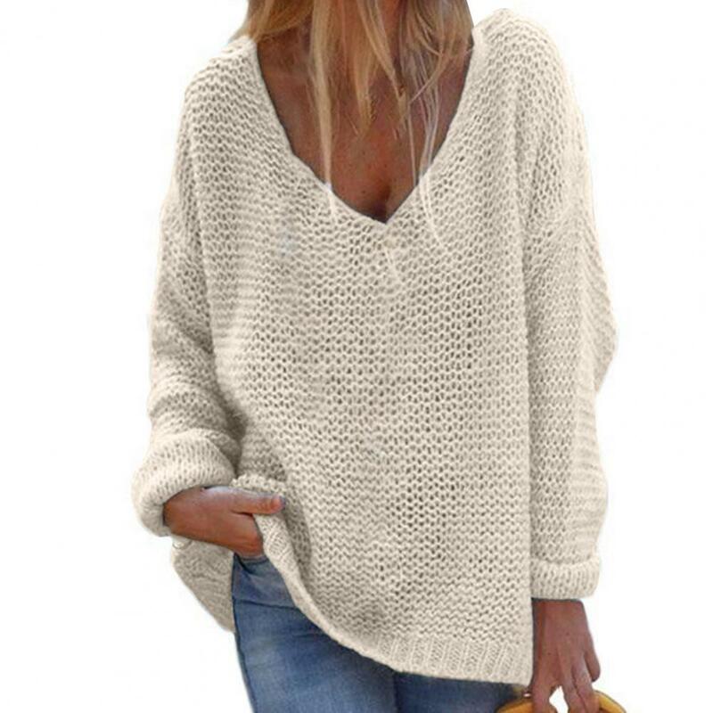 V-Neck Long Sleeve Knitted Top Women Loose Fit Women Autumn Sweater Streetwear Solid Color Simple Pullover Sweater