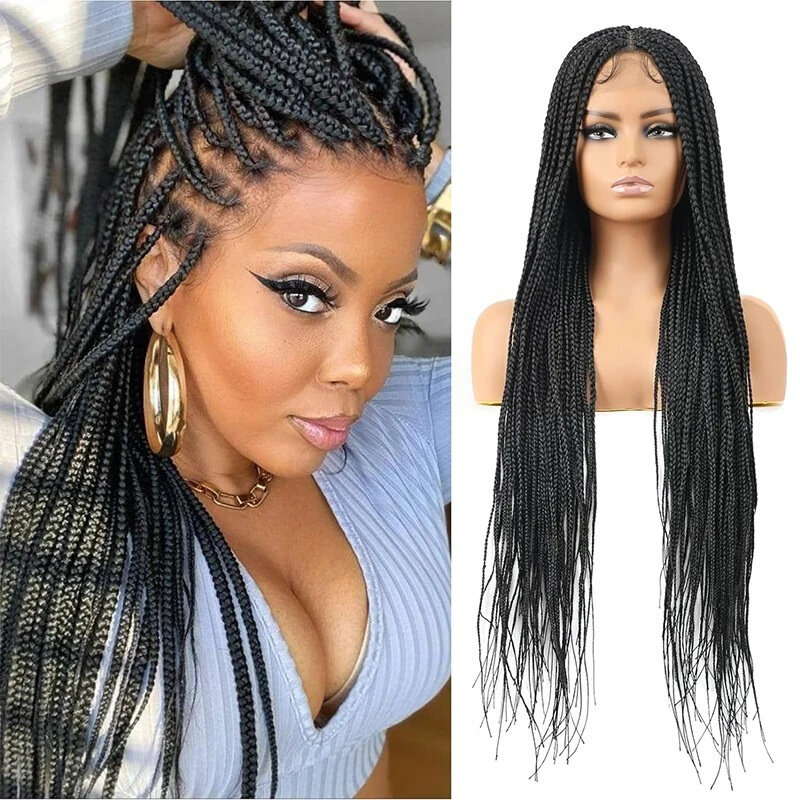 Peluca trenzada de pelo sintético para mujeres negras, cabellera trenzada larga y recta, hecha a máquina