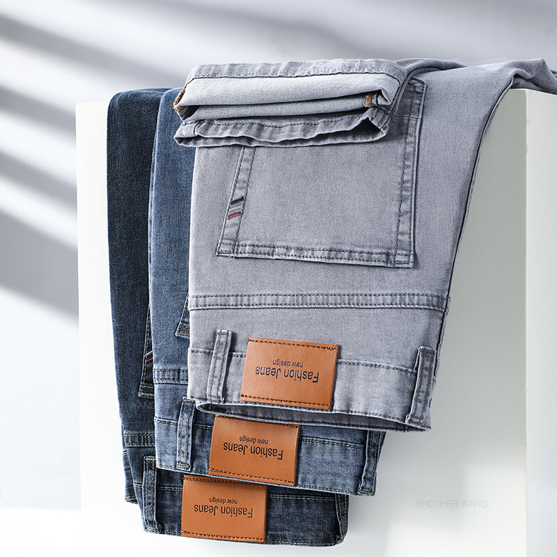 Мужские тонкие эластичные джинсы, серые удобные деловые прямые повседневные брюки из хлопка, лето 2024