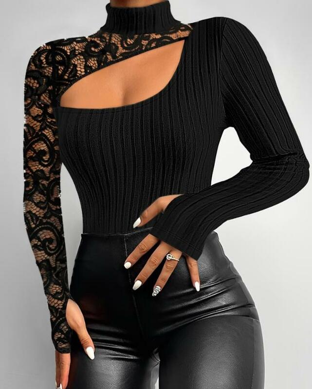 Fashion Woman Blouse 2023 Autumn New Fashion Casual Half High Collar Cutout Lace Patch Mock Neck Ribbed Top Basic Commuter