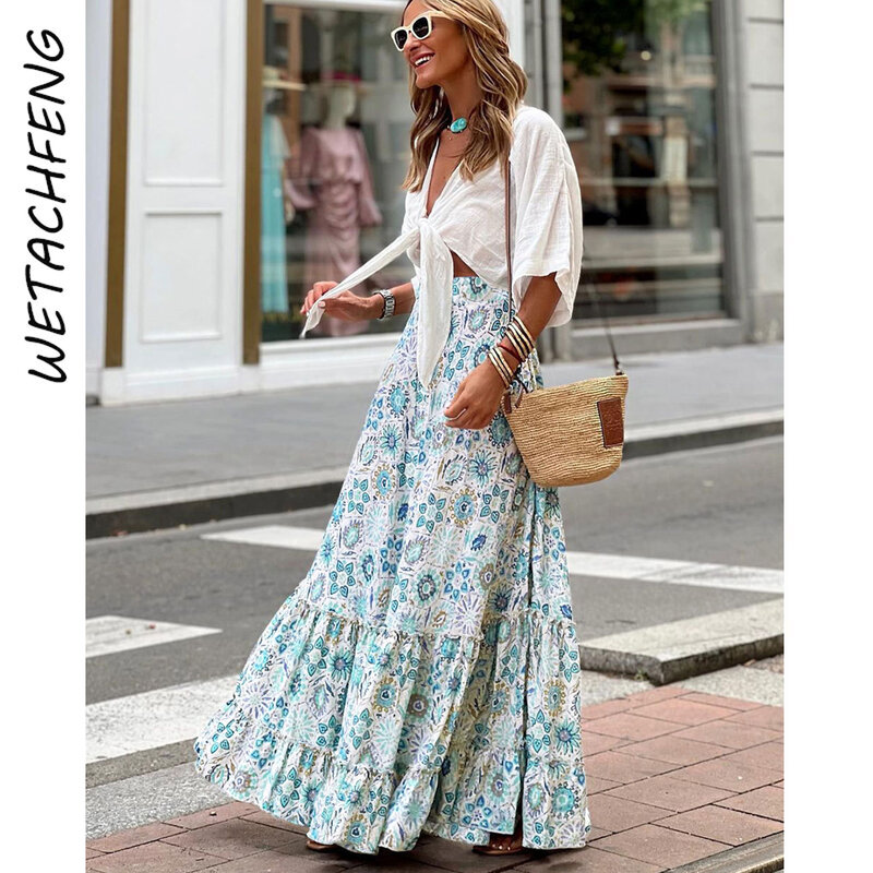Faldas de cintura alta para mujer, vestido largo bohemio elegante con estampado Floral y volantes, ropa femenina Vintage, 2024