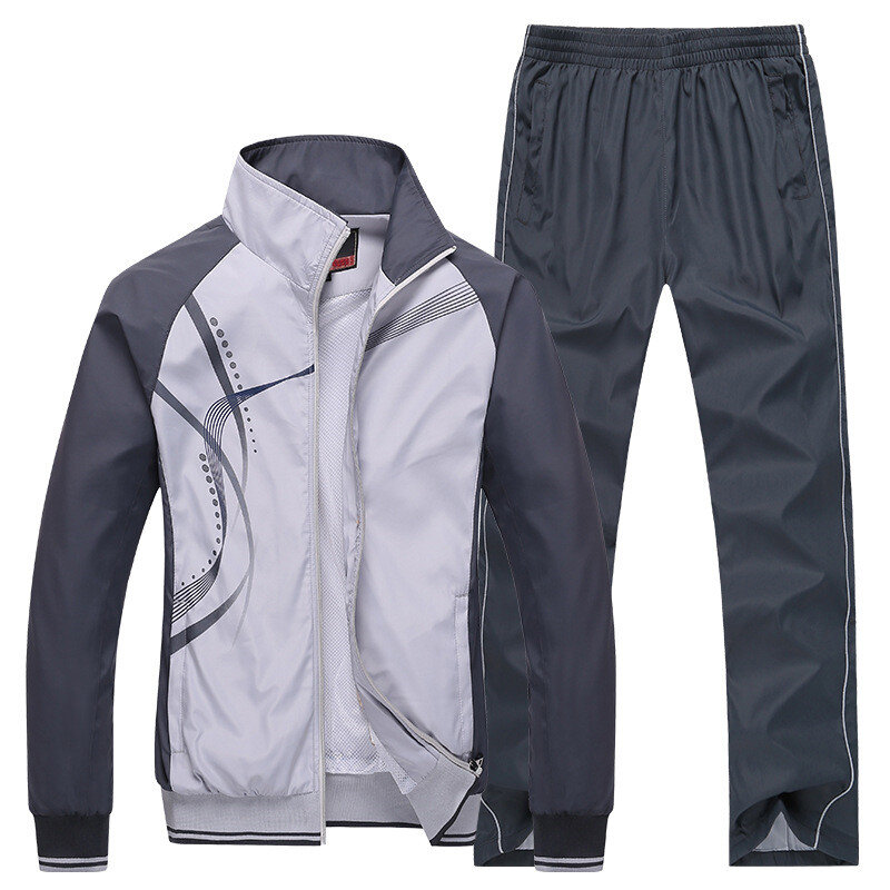 Pakaian olahraga pria, setelan latihan mode cetak jaket + celana pria musim semi musim gugur