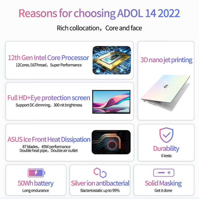 Asus Adolbook14スリムラップトップ12thインテルCorei5 12500h 16グラムram 512グラムssd 2.5 18k/2.8 18k 14インチオフィスのノートパソコン