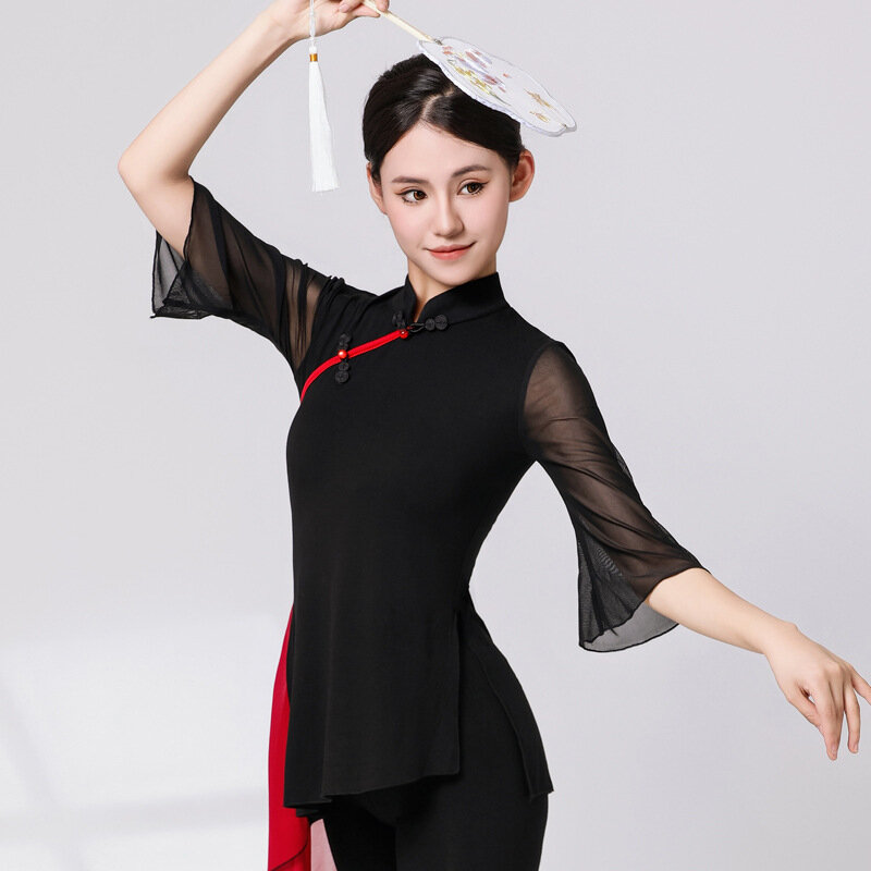 大人の女性のための古典的なチャイナドレス、ロリデンタルダンストップ、ラタンネックラインブラックTシャツ、中国qpao、モダンなダンスウェア、女性、新しい、2023