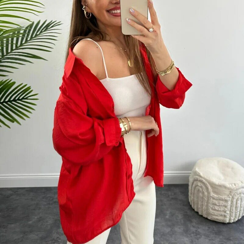 Dropshipping Camisas Y Blusas Long Sleeve Casual Shirts Red Blouses Y2k Clothes Ladies Solid Loose Tops Women Roupa Feminina
