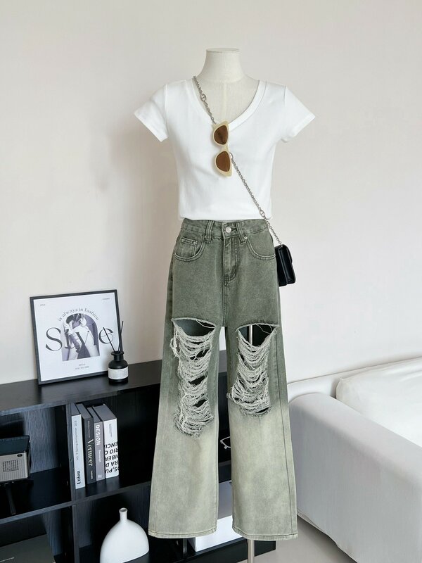 Szykowna Gradient damska dżinsy z szeroką nogawką rozerwana luźne proste dżinsy Streetwear z wysokim stanem