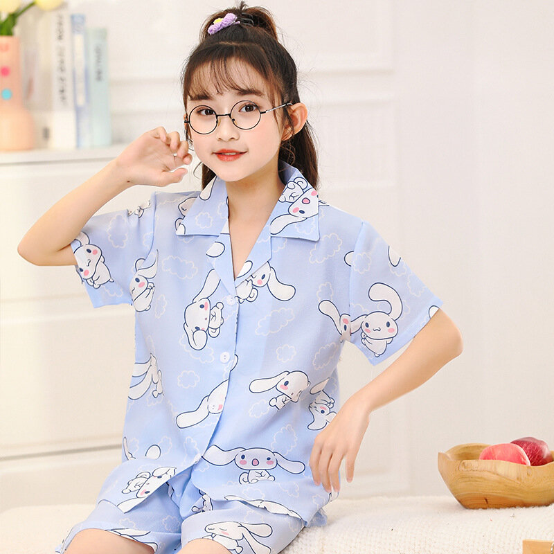 Conjuntos de pijamas de verano para niños y niñas, ropa de dormir de manga corta con cárdigan, bonito Anime, Cinnamoroll Kuromi My Melody, 2024