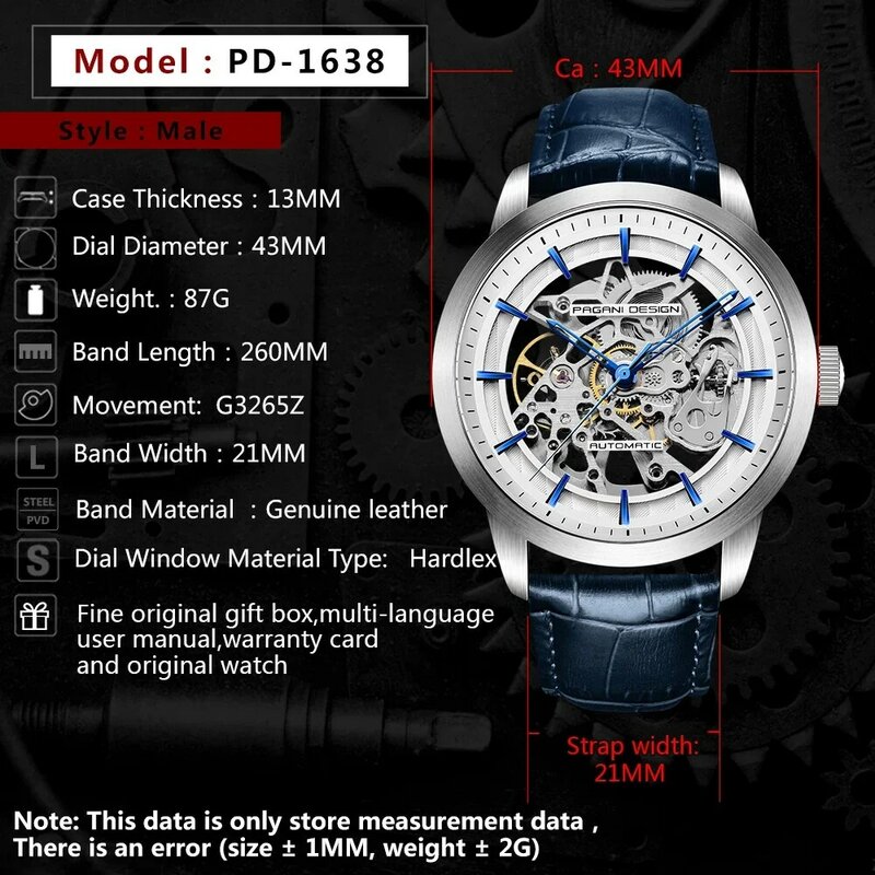 PAGANI DESIGN-Relógio Masculino de Couro Dourado com Caixa, Relógios Impermeáveis, Automático, Esqueleto Mecânico, Marca de Moda