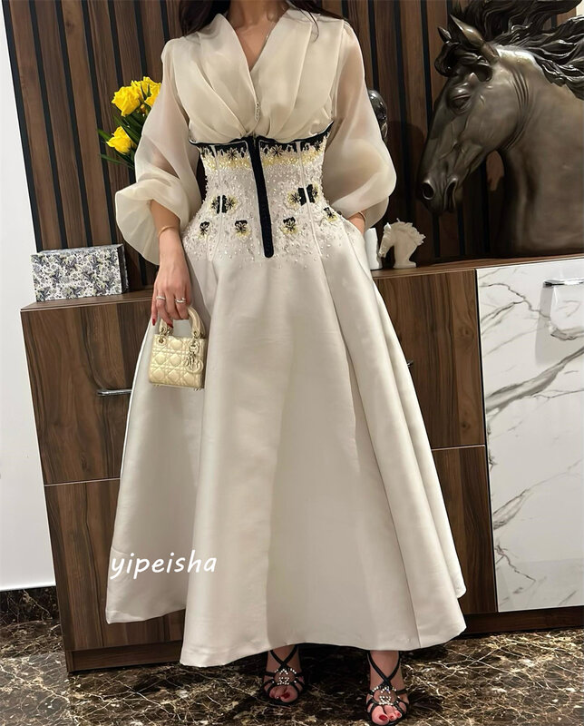 Jiayigong-A-Line vestido de cetim com drapeada, decote em v, manga comprida, vestidos drapeadas para casamento e festa, Arábia Saudita, ocasião sob medida