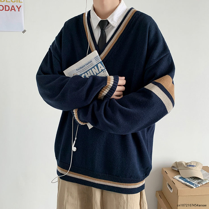Пуловер мужской с V-образным вырезом, свитер с соединением, винтажная вязаная одежда, свободный джемпер в японском стиле Харадзюку для студентов и колледжа, топ на осень