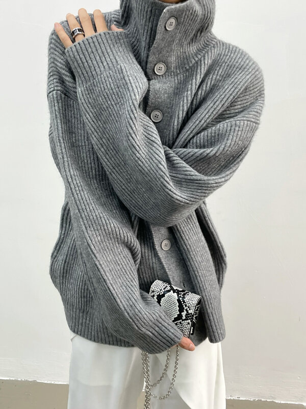 Suéter de malha abotoado para homens e mulheres, cardigans soltos, blusa monocromática, casaco casual, estilo coreano