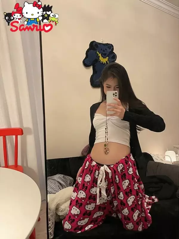 MINISO Melody Kuromi-Pantalon d'été à jambes larges pour femmes, pantalon élastique polyvalent, pantalon à jambes droites, Hello Kitty Cinnamoroll Pochacco