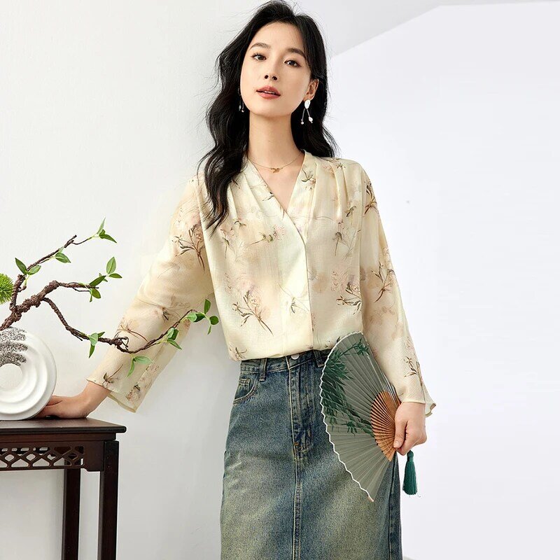 Ounixue V-neck floral print top 2024 spring new product gentle and versatile, age reducing temperament women's shirt SN637