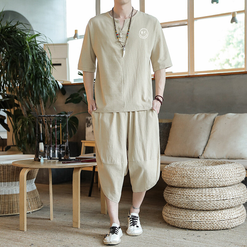 일본 스타일 정장 기모노 반팔 티셔츠 바지 투피스, 남성 상의 바지, 일본 하라주쿠 유카타 가디건 의상